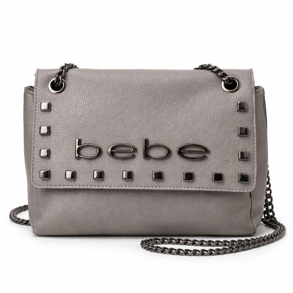 Bebe Los Angeles Gray Studded Chain Strap Shoulder Bag Faux Leather